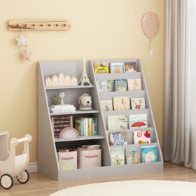 Kids Bookshelf And Toy Storage Organizer, Multifunctional 4 Tier Wooden Kids Book Shelf With  Bookcase Display Stand In Kids Room Playroom Nurser (Option: Gray)