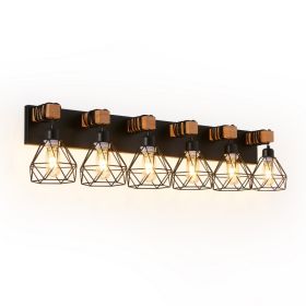 38   Modern Geometric 6-Light Vanity Light Fixture With Black Metal, Wooden Accents And Cage Lampshade For Bathroom, Bedroom, Or Living Room  Bul (Option: Default)