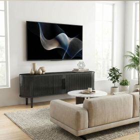 63in Fluted TV Stand Modern Media Console Table Entertainment Center With Sliding Door And Solid Wood Legs For Living Room Bedroom Office Black (Option: Default)