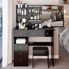 37 Middle Size Left Drawer Desktop Vanity Table  Cushioned Stool, Extra Large Right Sliding Mirror, Multi Layer High Capacity Storage, Practical (Option: Black)