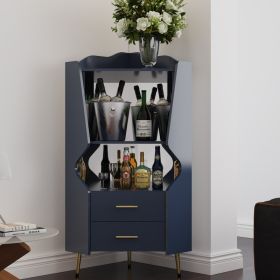 Wooden Corner Bar Cabinet With 2 Open Storage Shelves And 2 Drawers, Mirrored Back Sideboard Cabinet, High Feet Legs For Easy Cleaning, Buffet Ca (Option: Blue)