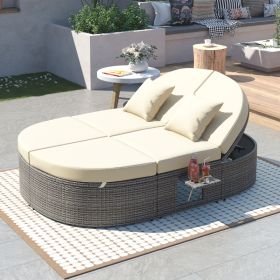 TOPMAX Outdoor Sun Bed Patio 2-Person Daybed With Cushions And Pillows, Rattan Garden Reclining Chaise Lounge With Adjustable Backrests And Folda (Option: Beige)