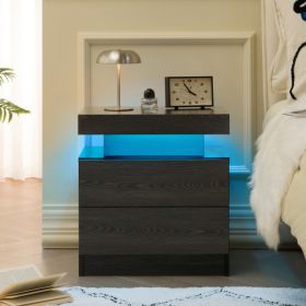 Nightstand LED Bedside Table Cabinet Lights Modern End Side With 2 Drawers For Bedroom Black Woodgrain (Option: Black Woodgrain)