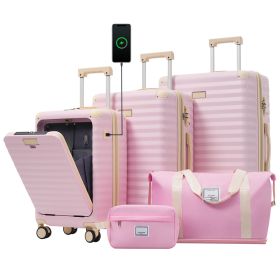 Luggage Sets 5 Piece With Front Opening , Hardside Expandable Carry On Suitcase With Spinner Wheels TSA Lock USB Port  Cup Holder Duffel Bag And (Option: Pink)