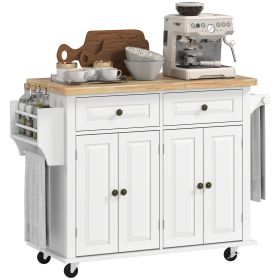 Kitchen Island Cart with Rubber Wood Top, Rolling Kitchen Island Table on Wheels with Drawers, Adjustable Shelves, Spice Rack and Towel Rack for Dini (Option: White-1040x555x210 mm)