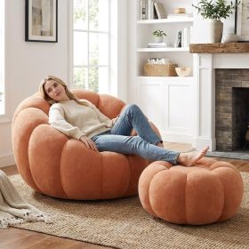 Single Sofa Chair Pumpkin Shape Round Chair Accent Reading Relaxing Modern Lounge With Footstool Brown (Option: Default)