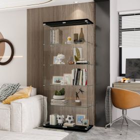 Glass Display Cabinet With 5 Shelves Double Door, Curio Cabinets For Living Room, Bedroom, Office, Black Floor Standing Glass Bookshelf, Quick In (Option: Black)