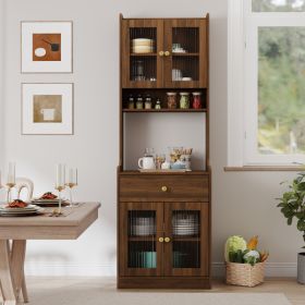 Kitchen Pantry Hutch Storage Cabinet, Farmhouse Kitchen Hutch Buffet Cabinet With Microwave Stand, Freestanding Buffet Sideboard Coffee Bar Cabin (Option: Walnut)
