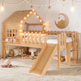 Twin Size House Loft Bed With Slide,Playhouse Bed With Star-shaped Designs And Window, Chic Design With LED Lights,No Box Spring Needed,Natural (Option: Natural)