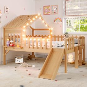 Full  Size House Loft Bed With Slide,Playhouse Bed With Star-shaped Designs And Window, Chic Design With LED Lights,No Box Spring Needed,Natural (Option: Natural)