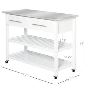 Kitchen Island with Stainless Steel Top, Traditional Kitchen Island with Storage, Butcher Block Cart 2-Tier Open Shelves, Drawers, White (Option: White)