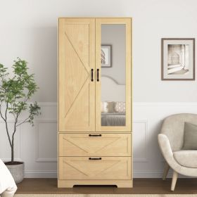 2 Door Wood Wardrobe For Bedroom With Hanging Clothing Rod Inside The Cabinet And 2 Drawers For Storage Organization, Built-in Induction Light Mu (Option: Natural)