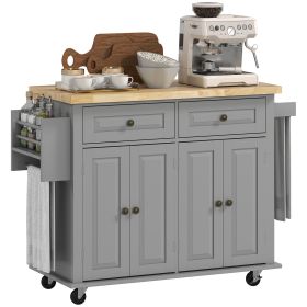 Kitchen Island Cart with Rubber Wood Top, Rolling Kitchen Island Table on Wheels with Drawers, Adjustable Shelves, Spice Rack and Towel Rack for Dini (Option: Grey-1040x555x210 mm)