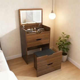 3-in-1 Vanity Desk With Lighted Mirror & Stool, Flip Top Makeup Dressing Table, Compact Storage For Bedroom, Bathroom, Dressing Room 23.62L, Waln (Option: Walnut)