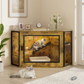 48 Corner Cat Litter Box Enclosure, Modern Hidden Litter Box Corner Cabinet With Acrylic Door And LED Light, Cat House With Playground And Stairs (Option: Tiger)