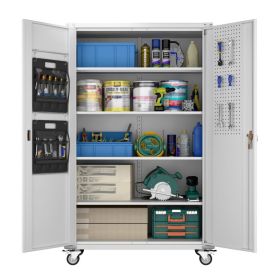 Upgraded Wide And Deep Garage Storage Cabinet With Wheels And Doors,Metal Storage Cabinet With Pegboards And 4 Adjustable Shelves For Garage Home (Option: White)
