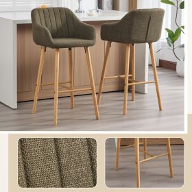 Modern Bar Stools Set Of 2, Kitchen Island Tall Chairs With Back, Arm, Footrest And Solid Wood Leg, Linen Fabric Upholstered Bar Stools (Option: Green)
