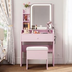A Small Dressing Table Set With A Adjustable Lighting Makeup Surface, Including A Dressing Table, Storage Drawers, Shelves And A Stool (Option: Pink)