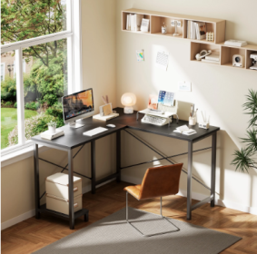 L-shaped Computer Desk With Power Socket And LED Light, Corner Game Table With Storage Rack And Monitor Stand (Option: Black)