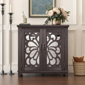Elegant Sideboard With 2 Acrylic Mirrored Doors Sideboard And Buffet With Storage, Hollow-Carved Accent Cabinet Brown Laminates And MDF Substrate (Option: Dark Brown)