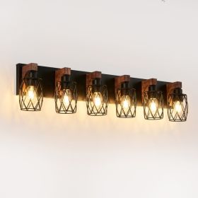38  Industrial Vintage 6-Light Wall Sconce - Black Cage Wall Lighting Fixture With Wooden Accents For Bathroom, Hallway, Or Living Room Bulb Not (Option: Default)