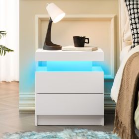 Nightstand LED Bedside Table Cabinet Lights Modern End Side With 2 Drawers For Bedroom White (Option: White)