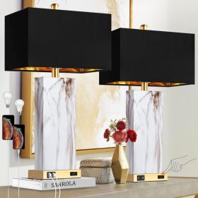 Touch Control Table Lamps Set Of 2, Modern Contemporary Bedside Lamp With 2 USB Ports 1 AC Outlet, 3-Way Dimmable Nightstand Lamp Faux Marble Gol (Option: Black)