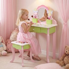 Kids Vanity Set With Mirror Drawer Flower Fairy Design Wooden Toddler Girls Makeup Dressing Table Chair Set For Over 3 Years Kids (Option: Default)