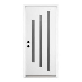 36 X 80 Brush Finished Fiberglass Entry Door With Brickmould,3 Lite Frosted Glass - Modern Style For Home's Front Entrance, 4-9-16 White Vinyl Fr (Option: White)