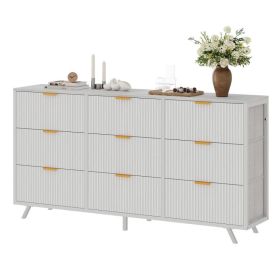 9 Drawer Fluted Wide Dresser, Bedroom Storage Chest For Closet And Living Room (Option: White)