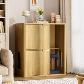 31.5-inch Light Wood Cat Litter Cabinet With Cat Tree - Grooved Concealed Litter Furniture Featuring Dual Cat Doors And Storage Shelves, Versatil (Option: Natural)