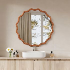 Yellowish Brown 30 Inch Wavy Round Solid Wood Frame Decorative Mirror,For Bedroom, Bathroom, Living Room, Entryway (Option: Yellow Brown)