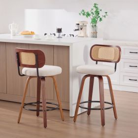 Set Of 2 26-Inch Counter Height Bar Stools - Walnut Black, Cane Rattan Back, Beige Linen Upholstered Seat, Swivel Design For Kitchen Island Bar C (Option: Beige)
