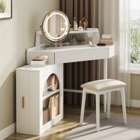 Corner Makeup Vanity Desk With Mirror & LED Lights, Modern Vanity Set With Mirror And Stool, Dressing Table With Large Storage For Small Place, B (Option: White)
