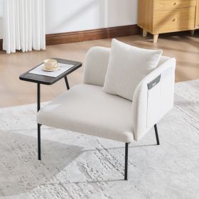 Leisure Chair, Lounge Relaxing Chair With Small Table And Back Pillow, Modern Upholstered Chairs With Metal Legs And Side Pockets , Single Sofa F (Option: Beige)