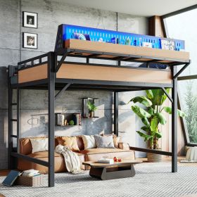 Queen Size Loft Bed Frame With Storage Shelves And Pegboard, Metal Loft Bed With USB Ports And LED Lights, Safe And Sturdy, Natural (Option: Natural)