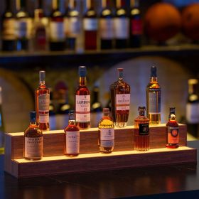LED Lighted Liquor Bottle Display Shelf, 37 Inch Bar Display Shelf, DIY Illuminated Bottle Shelf With App & Remote Control, 2 Step Freestanding H (Option: Walnut)