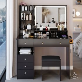 41 Large Size Left Drawer Desktop Vanity Table Cushioned Stool Dresser Set, 2 AC-2 USB Power Station, Hair Dryer Stand, Extra Large Touch Control (Option: Black)
