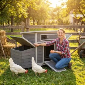Large Wooden Chicken Coop Outdoor Hen House Poultry Cage For Outdoor With 2 Sides Nesting Boxes (Option: Gray)