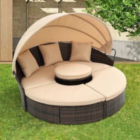 Hot Sale KD Rattan Round Lounge With Canopy Bali Canopy Bed Outdoor, Wicker Outdoor Sofa Bed With Lift Coffee Table (Option: Beige)