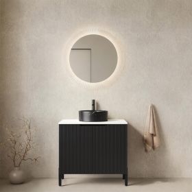 TURIO 24 Bathroom Vanity With Sink, Freestanding Bathroom Storage Cabinet With 2 Doors, Black Round Ceramic Basin With Stone Pattern & Carrara Wh (Option: BlackCarrara White)