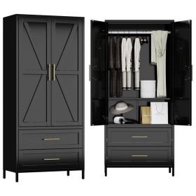 METAN Metal Wardrobe Closet With Doors,Armoire Wardrobe Closet With 2 Drawers For Bedroom,Assembly Required,Black (Option: Black)