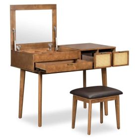 43.3' Classic Wood Makeup Vanity Set With Flip-top Mirror And Stool, Dressing Table With Three Drawers And Storage Space, Brown (Option: defaulttitle)