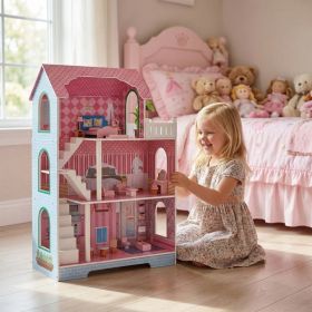 3 Tier Kids Dollhouse With Roof Window And Furniture Wooden Mini Doll House Playhouse For 3 Years Old And Above (Option: Default)
