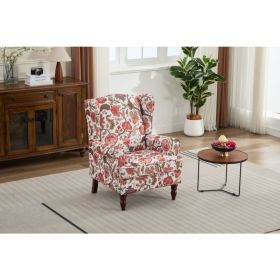 Modern Accent Chair With Retro Wood Legs, Comfy Upholstered Armchair, Floral Design Single Sofa Chair For Living Room Bedroom Office - Floral Red (Option: Bean paste red)