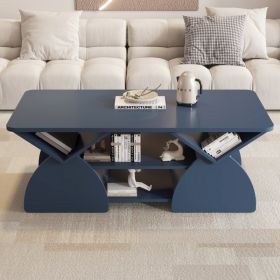 Engineered Wood Rounded Corner Rectangular Coffee Table For Living Room, Easy Assembly Storage Table With Open Shelves Sturdy Frame For Reception (Option: Blue)