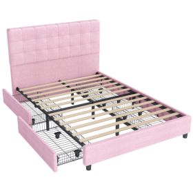 Queen Bed Frame Upholstered Vertical Channel Headboard Bed Frame With 4 Storage Drawers Wood Slats No Box Spring Needed Easy Assembly For Bedroom (Option: Default)
