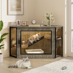48 Corner Cat Litter Box Enclosure, Modern Hidden Litter Box Corner Cabinet With Acrylic Door And LED Light, Cat House With Playground And Stairs (Option: grey)