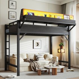 Twin XL Size Loft Bed Frame With Storage Shelves And Pegboard, Metal Loft Bed With USB Ports And LED Lights, Safe And Sturdy, Black (Option: Black)