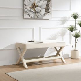 Comfort Double Bench Upholstered In Velvet Fabric,Stool With Stylish X-Crossed Legs,Comfort Cushion With Piping,Velvet Beige (Option: Beige)